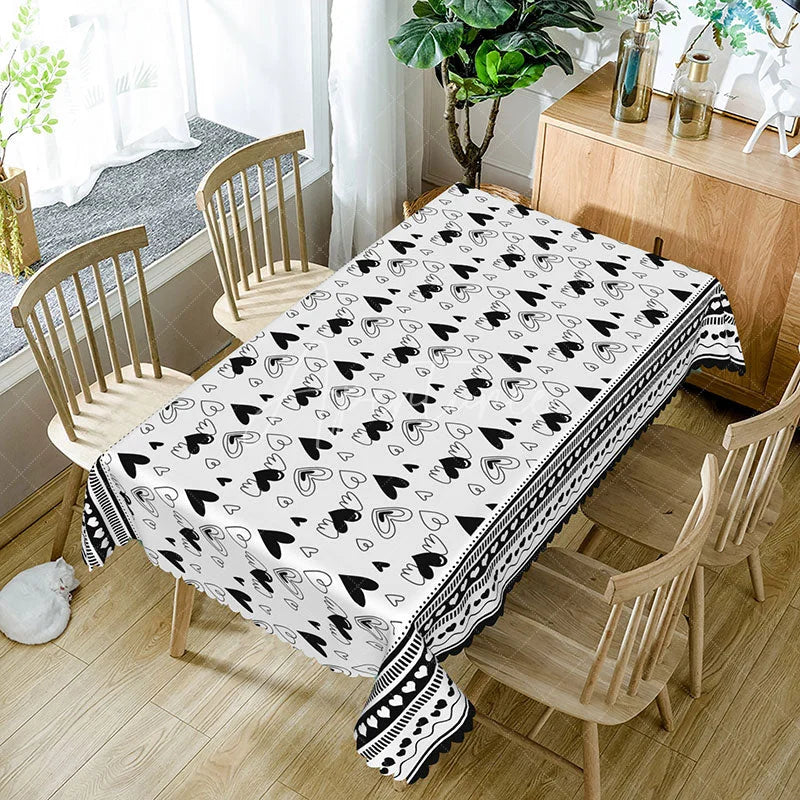 Aperturee - Aperturee Black and White Sketch Heart Rectangle Tablecloth Doodle Love Pattern with Border Minimalist Valentine Decor