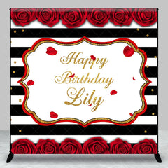 Aperturee - Aperturee Black and White Striped Red Rose Gold Glitter Happy Birthday Custom Backdrop Elegant Celebration Party Decor