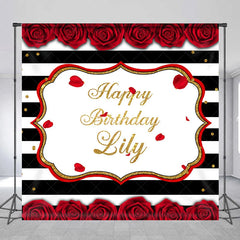 Aperturee - Aperturee Black and White Striped Red Rose Gold Glitter Happy Birthday Custom Backdrop Elegant Celebration Party Decor