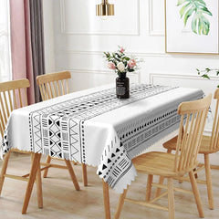 Aperturee - Aperturee Black and White Tribal Rectangle Tablecloth Boho Geometric Lines Pattern Minimalist Dining Room Decor