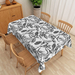 Aperturee - Aperturee Black and White Tropical Rectangle Tablecloth Sketch Floral Palm Leaves Modern Summer Dining Decor