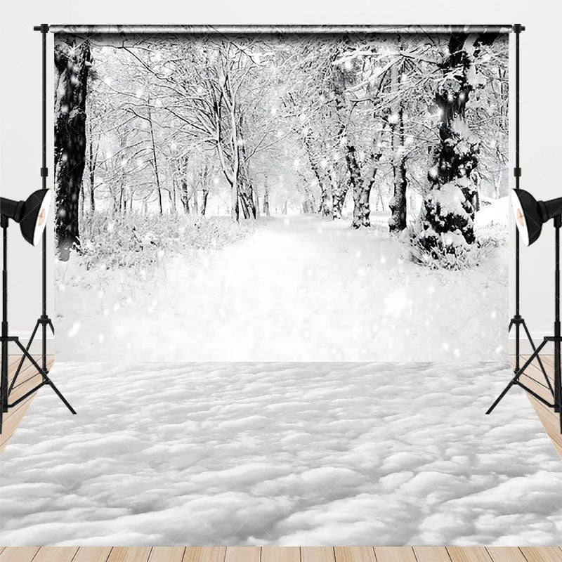 Aperturee - Aperturee Black and White Winter Forest Combo Set Backdrop Snowy Path Through the Trees Moody Holiday Photo Scene