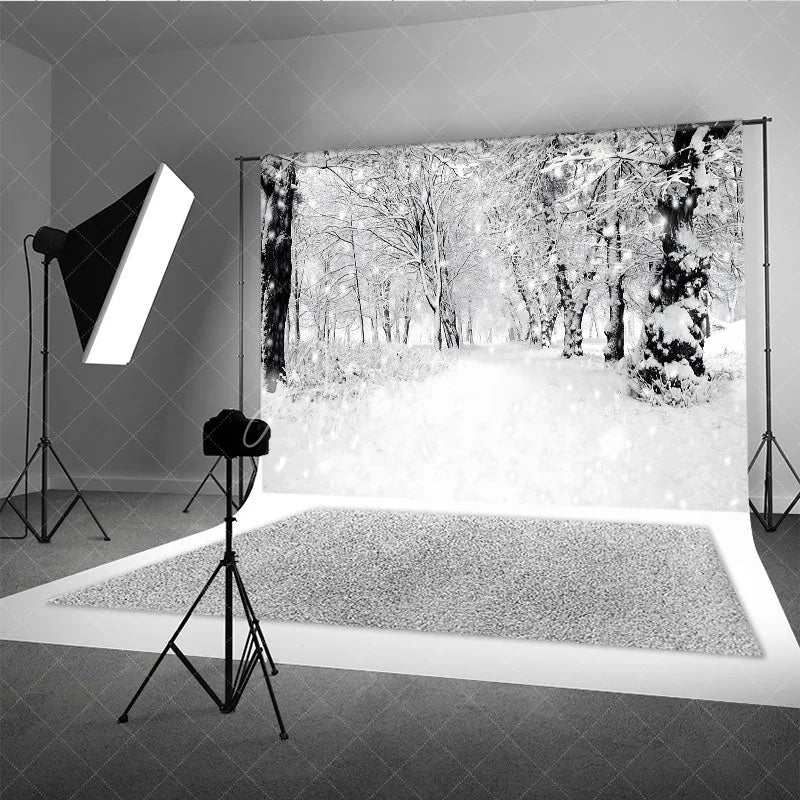 Aperturee - Aperturee Black and White Winter Forest Photography Backdrop Snowy Path Through the Trees Moody Holiday Photo Background