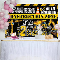 Aperturee - Aperturee Black and Yellow Construction Zone 2nd Birthday Backdrop with Dump Truck and Excavator 2 and Digging It Party Decor