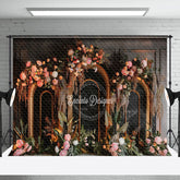 Aperturee - Aperturee Black Arch Boho Floral Leaves Wedding Photo Backdrop