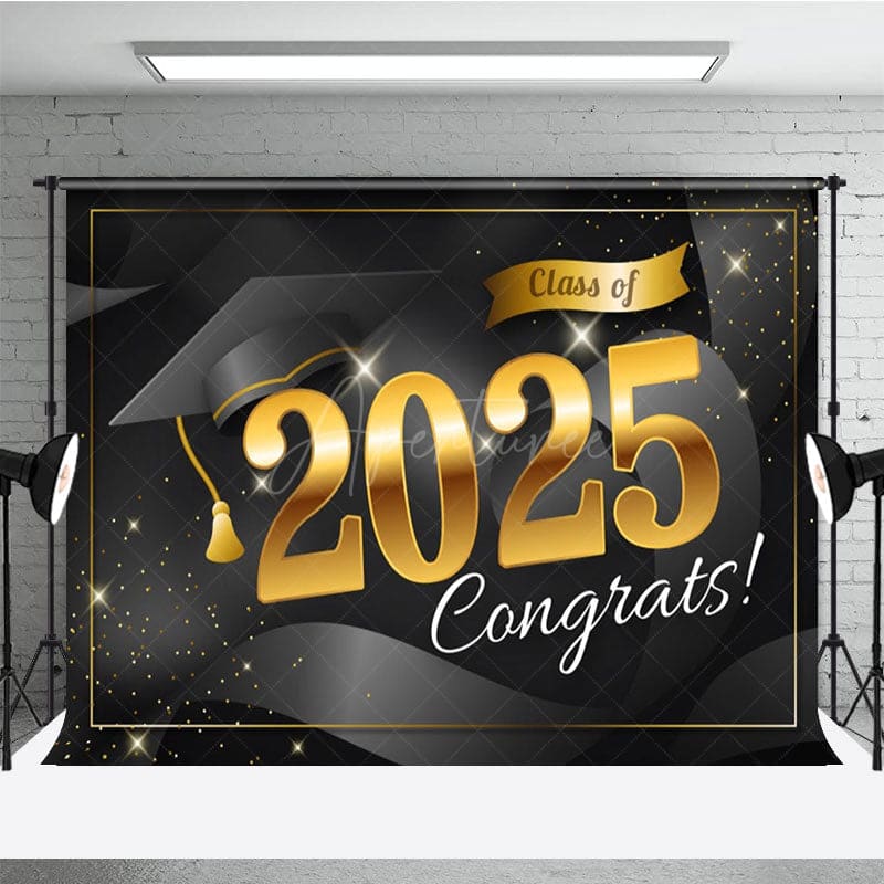 Aperturee - Aperturee Black Bachelor Cap Gold Sparkle Congrats Grad Backdrop