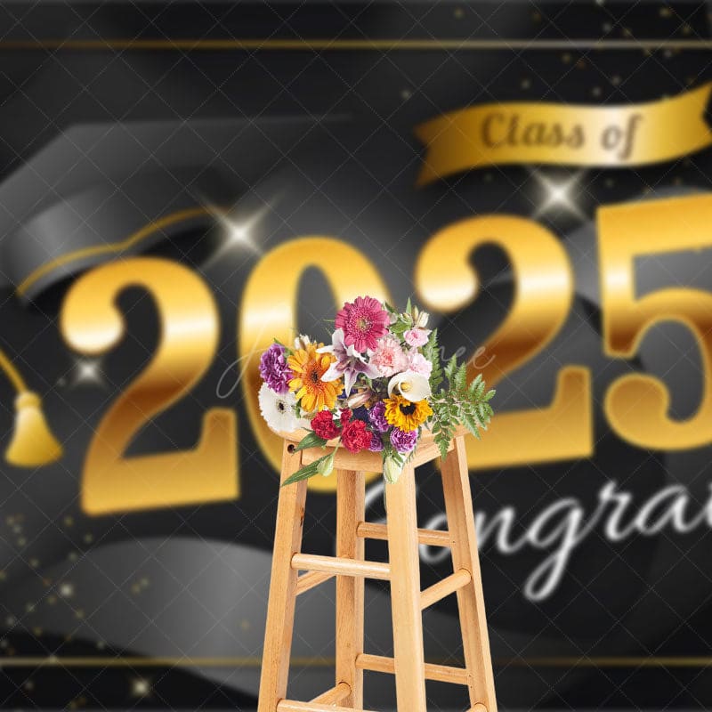 Aperturee - Aperturee Black Bachelor Cap Gold Sparkle Congrats Grad Backdrop