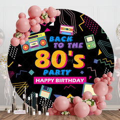 Aperturee - Aperturee Black Back To The 80s Round Birthday Party Backdrop