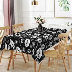 Aperturee - Aperturee Black Background White Kiss Lip Rectangle Tablecloth I Love You Text Print Modern Edgy Valentine Decor