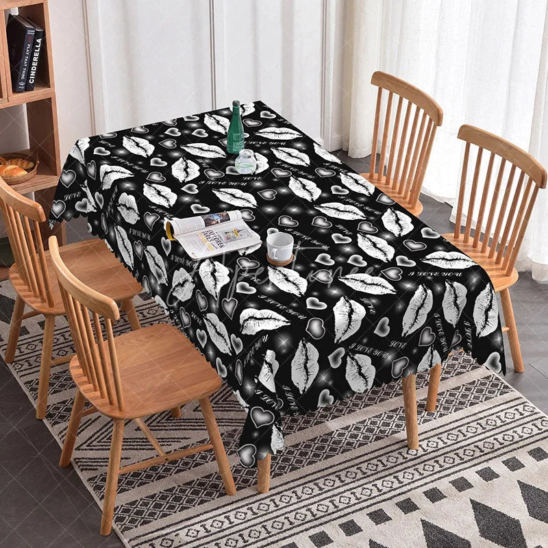 Aperturee - Aperturee Black Background White Kiss Lip Rectangle Tablecloth I Love You Text Print Modern Edgy Valentine Decor