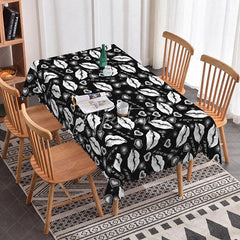 Aperturee - Aperturee Black Background White Kiss Lip Rectangle Tablecloth I Love You Text Print Modern Edgy Valentine Decor