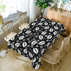 Aperturee - Aperturee Black Background White Kiss Lip Rectangle Tablecloth I Love You Text Print Modern Edgy Valentine Decor
