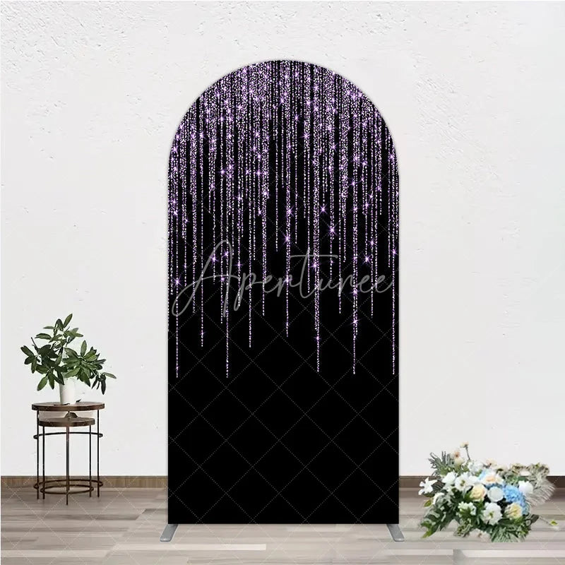 Aperturee - Aperturee Black Background with Lavender Glitter Sparkling Shimmering Round Top Arch Backdrop Elegant Celebration Party Decor