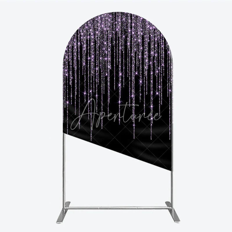 Aperturee - Aperturee Black Background with Lavender Glitter Sparkling Shimmering Round Top Arch Backdrop Elegant Celebration Party Decor