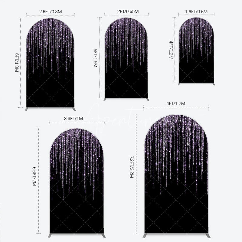 Aperturee - Aperturee Black Background with Lavender Glitter Sparkling Shimmering Round Top Arch Backdrop Elegant Celebration Party Decor