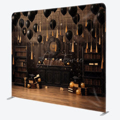 Aperturee - Aperturee Black Balloons Graduation Square Tension Backdrop
