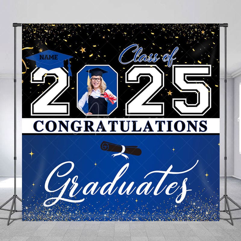 Aperturee - Aperturee Black Blue Custom Name Photo Congrats Grad Backdrop