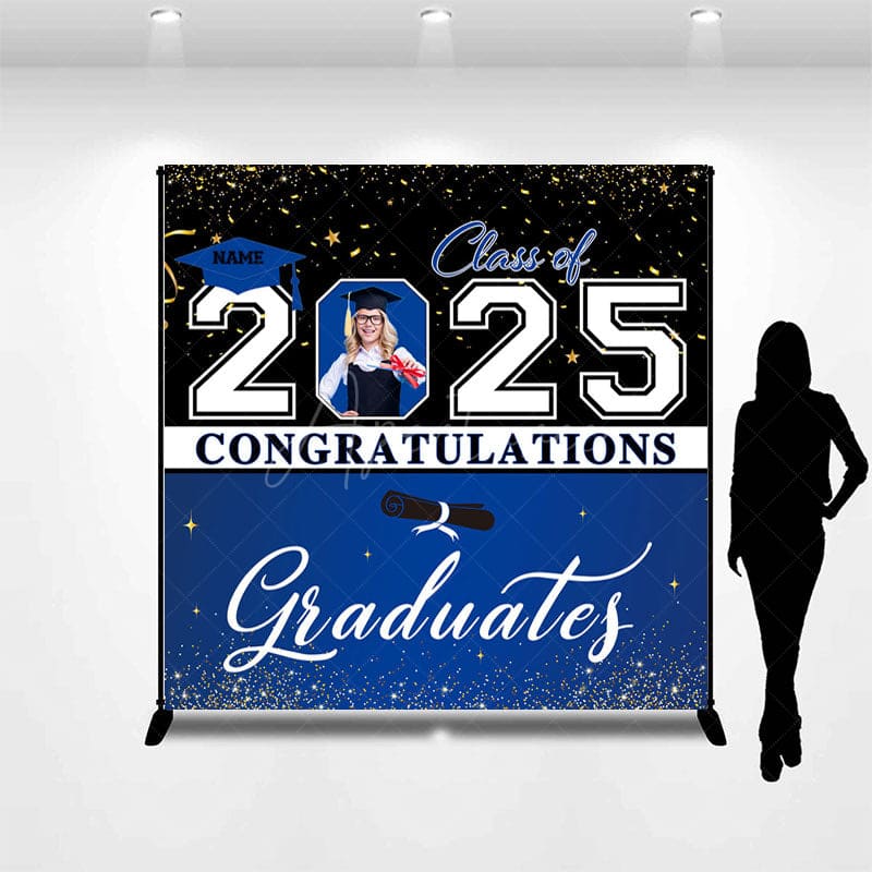 Aperturee - Aperturee Black Blue Custom Name Photo Congrats Grad Backdrop