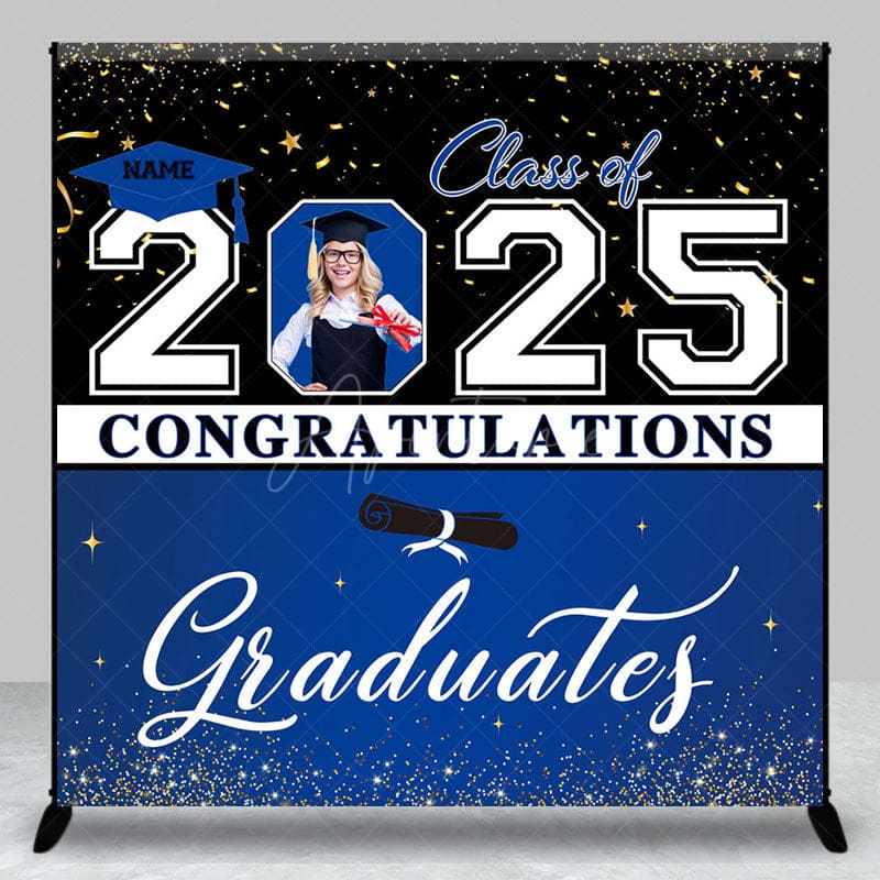 Aperturee - Aperturee Black Blue Custom Name Photo Congrats Grad Backdrop