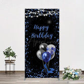 Aperturee - Aperturee Black Blue Glitter Balloons Birthday Rectangle Backdrop