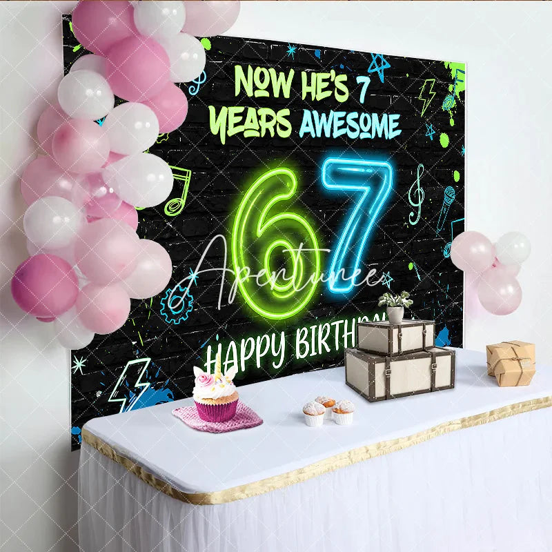 Aperturee - Aperturee Black Brick Wall Neon Green Blue 7th Birthday Backdrop with Music Notes and Lightning Awesome Birthday Party Decor