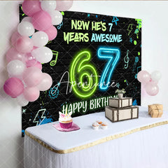Aperturee - Aperturee Black Brick Wall Neon Green Blue 7th Birthday Backdrop with Music Notes and Lightning Awesome Birthday Party Decor