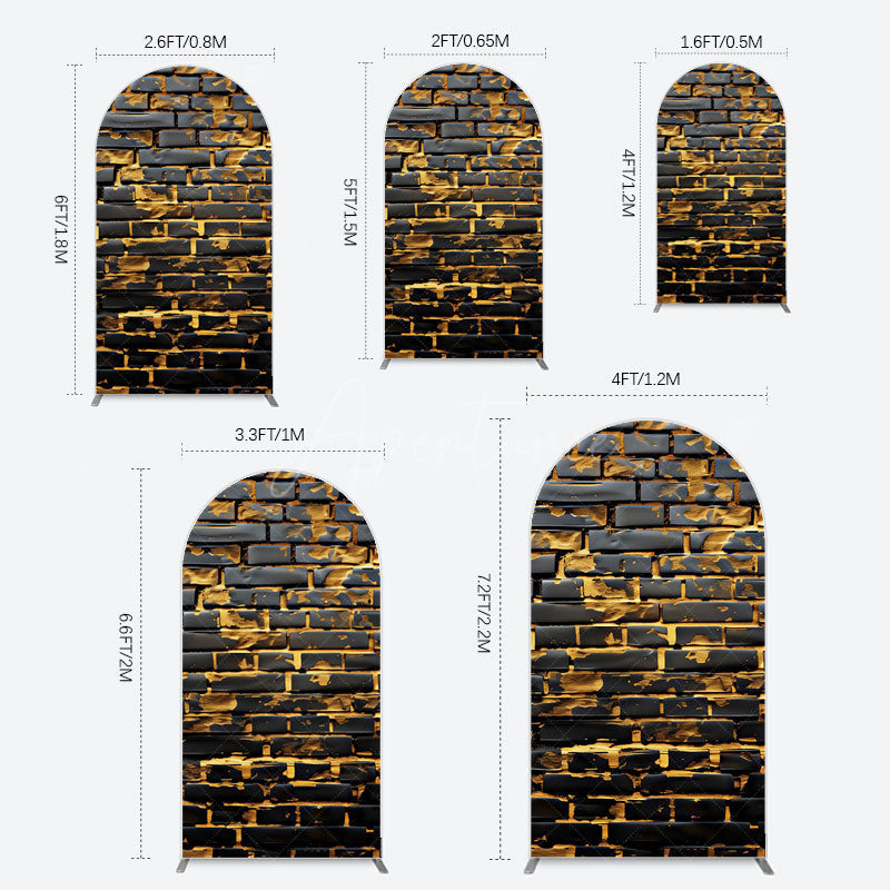 Aperturee - Aperturee Black Bricks Wall Golden Engraved Arch Backdrop