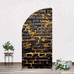 Aperturee - Aperturee Black Bricks Wall Golden Engraved Half Moon Arch Backdrop