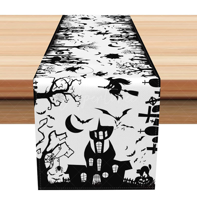 Aperturee - Aperturee Black Castle and Witch Halloween Table Runner Spooky Night with a Full Moon Haunted House Party Decoration