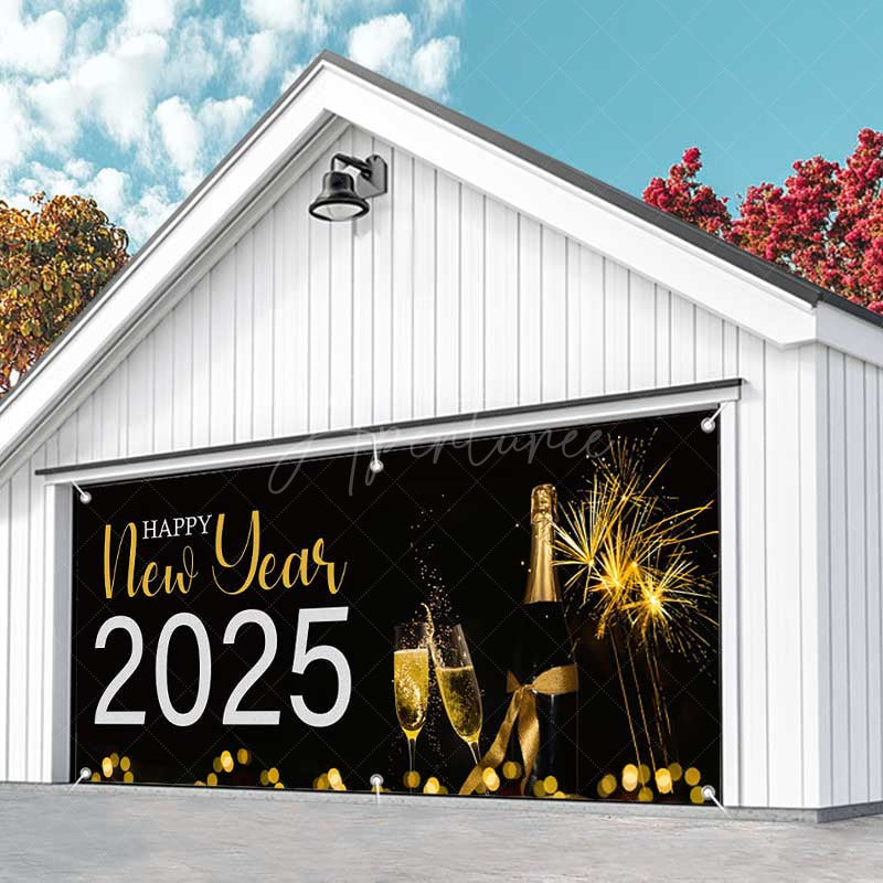 Aperturee - Aperturee Black Champagne Sparks Happy 2025 Garage Door Banner