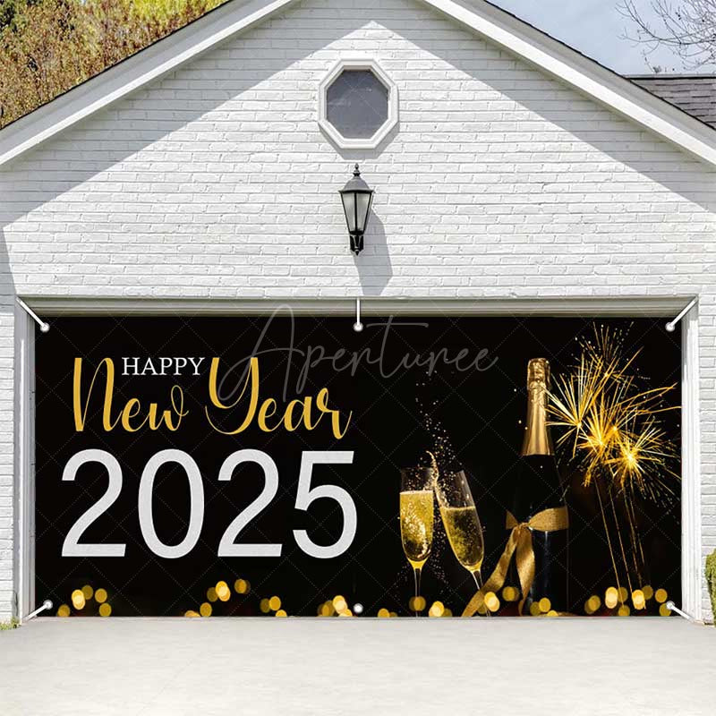 Aperturee - Aperturee Black Champagne Sparks Happy 2025 Garage Door Banner
