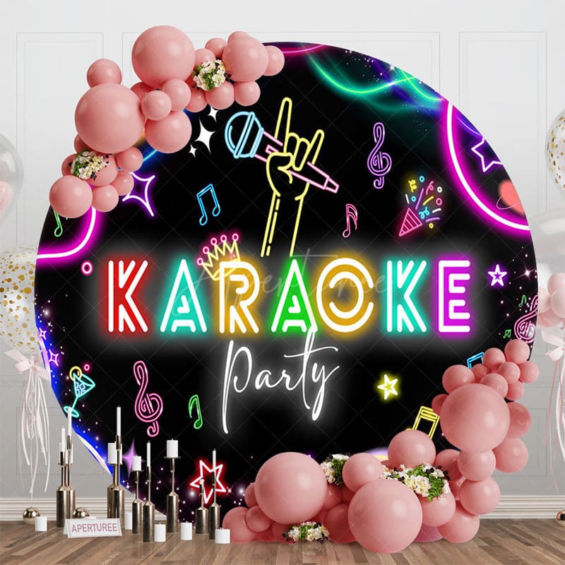 Aperturee - Aperturee Black Colorful Neon Round Karaoke Party Backdrop