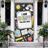 Aperturee - Aperturee Black Composition Notebook Style Welcome Door Cover with Pastel School Supplies and Happy Message Classroom Decor