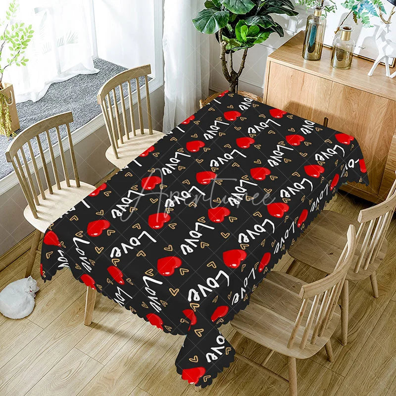 Aperturee - Aperturee Black Cursive Love Text Rectangle Tablecloth Red Heart Pattern Romantic Valentine Date Night Home Decor