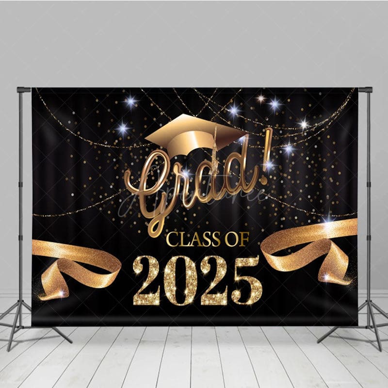 Aperturee - Aperturee Black Curtain Gold Ribbon Congrats Grad Backdrop