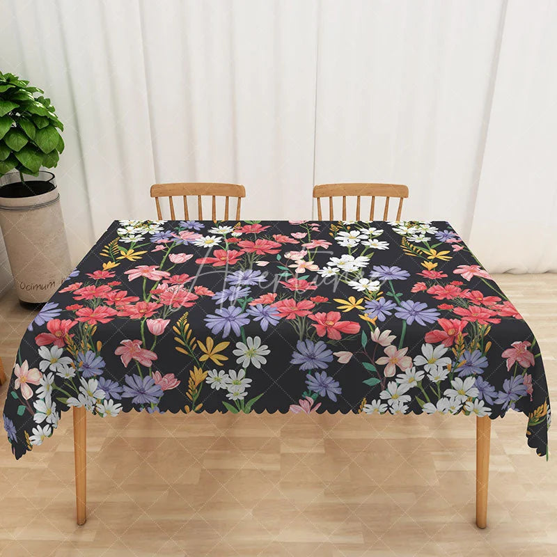 Aperturee - Aperturee Black Floral Rectangle Tablecloth Vibrant Spring Flower Table Cover Botanical Dining Room Decor