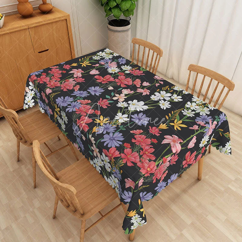Aperturee - Aperturee Black Floral Rectangle Tablecloth Vibrant Spring Flower Table Cover Botanical Dining Room Decor