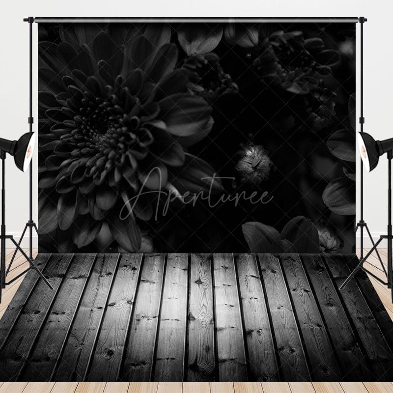 Aperturee - Aperturee Black Flowers Solemn Wooden Floor Combo Set Backdrop