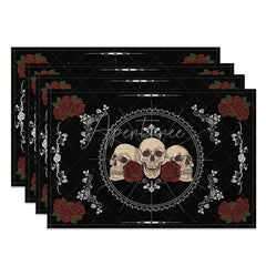 Aperturee - Aperturee Black Glitter Skull and Flower Set of 4 Placemats for Gothic and Glam Halloween Wedding Decor