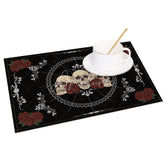 Aperturee - Aperturee Black Glitter Skull and Flower Set of 4 Placemats for Gothic and Glam Halloween Wedding Decor