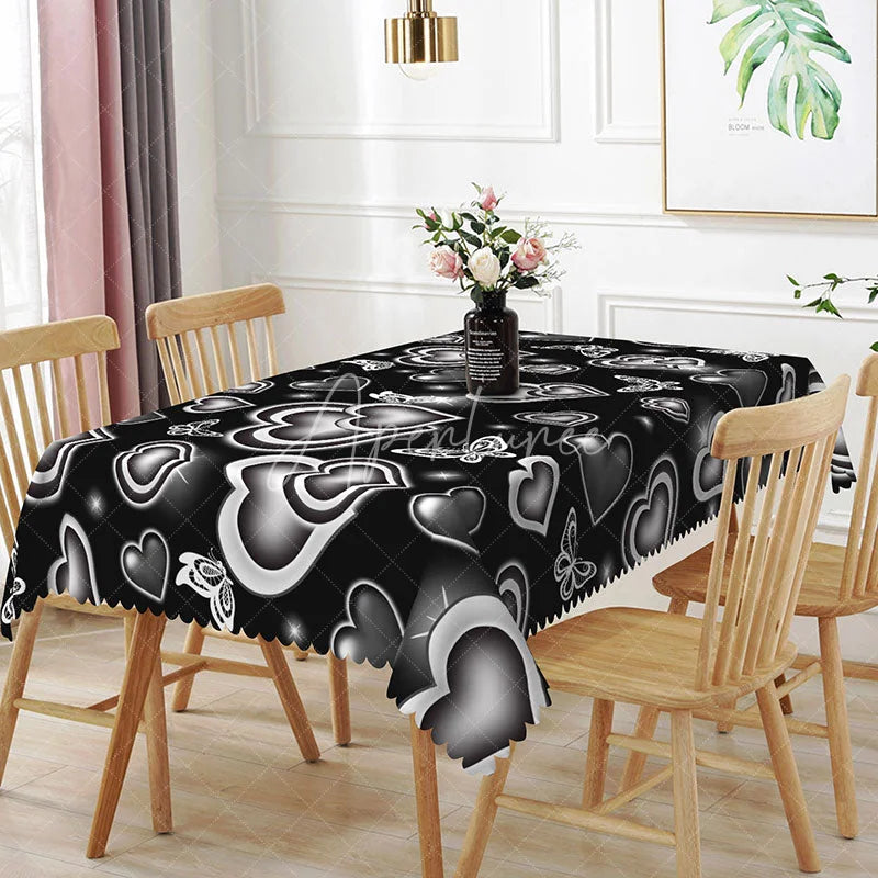 Aperturee - Aperturee Black Glowing Heart Butterfly Rectangle Tablecloth Neon Light Love Pattern Modern Gothic Dining Decor