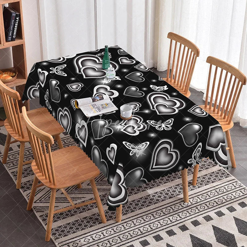 Aperturee - Aperturee Black Glowing Heart Butterfly Rectangle Tablecloth Neon Light Love Pattern Modern Gothic Dining Decor