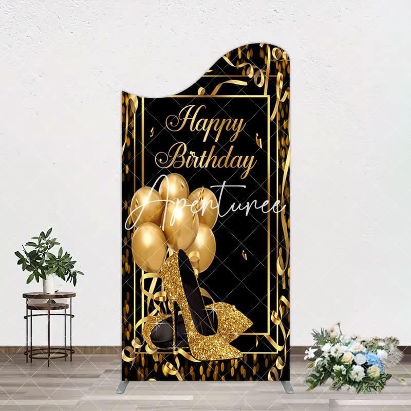 Aperturee - Aperturee Black Gold Balloon High Heel Birthday Arch Backdrop