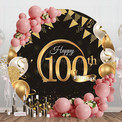 Aperturee - Aperturee Black Gold Balloon Round Happy 100th Birthday Backdrop