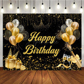 Aperturee - Aperturee Black Gold Balloons Champagne Happy Birthday Backdrop