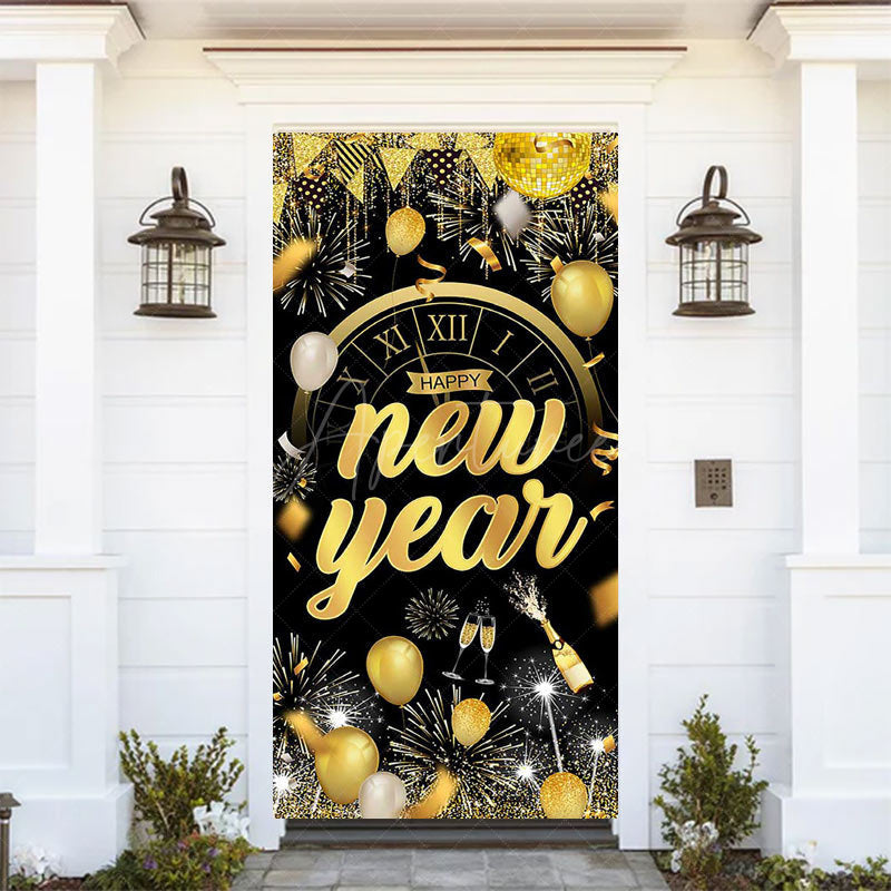 Aperturee - Aperturee Black Gold Balloons Clock Happy New Year Door Cover