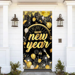 Aperturee - Aperturee Black Gold Balloons Clock Happy New Year Door Cover