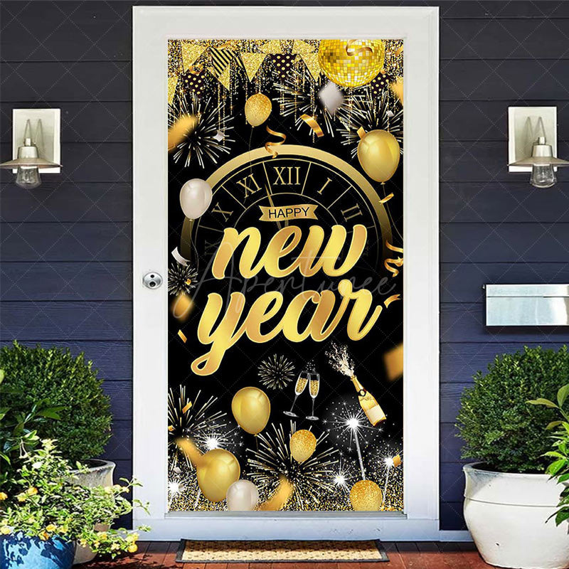 Aperturee - Aperturee Black Gold Balloons Clock Happy New Year Door Cover