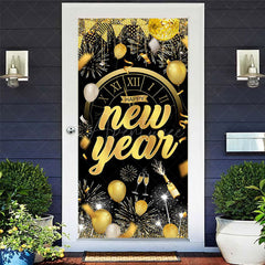 Aperturee - Aperturee Black Gold Balloons Clock Happy New Year Door Cover