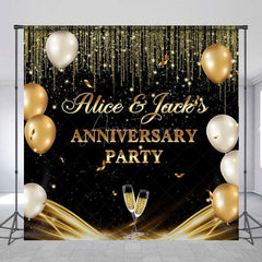 Aperturee - Aperturee Black Gold Balloons Custom Name Anniversary Backdrop